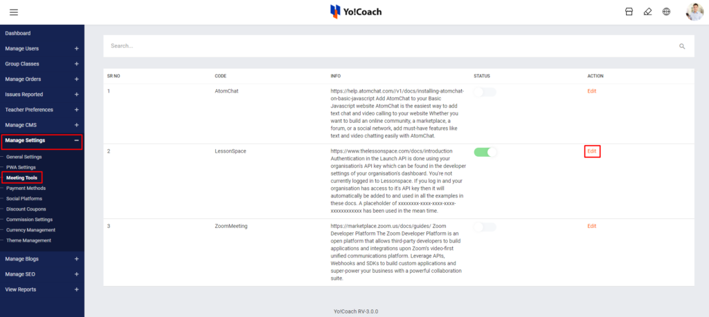 Yocoach setting for lessonspace